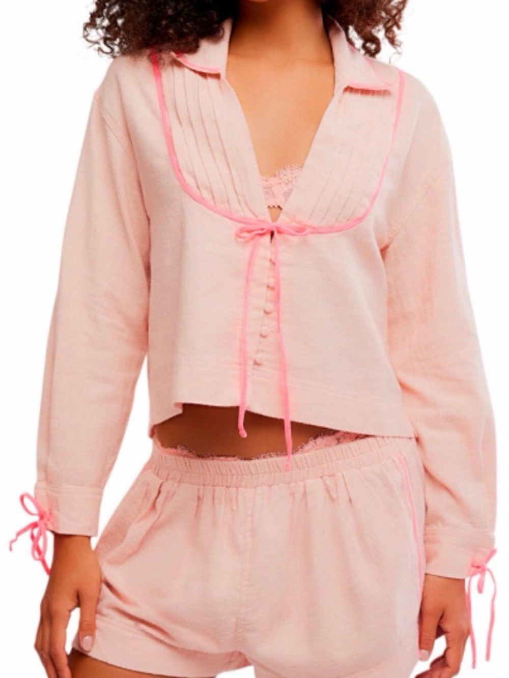 Free People Light Pink Two-Piece Lounge Set with Pintuck Top & Shorts